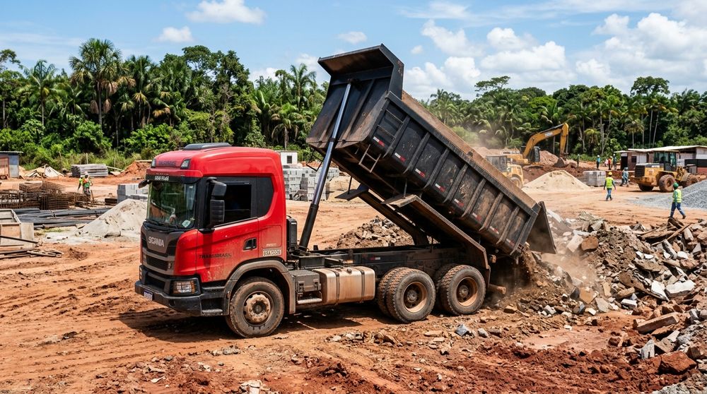 Caminhão caçamba vermelho da Bahia Sul Locações descarregando entulho em obra