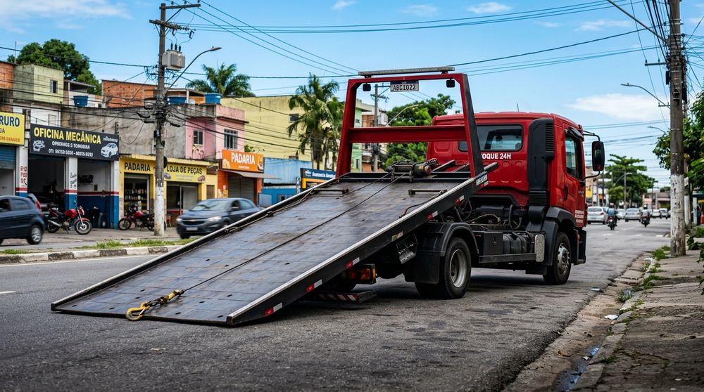 Caminhão guincho plataforma vermelho da Bahia Sul Locações