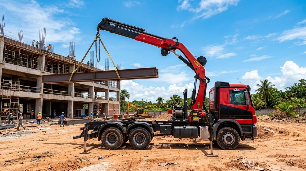 Caminhão munck vermelho da Bahia Sul Locações içando viga em obra